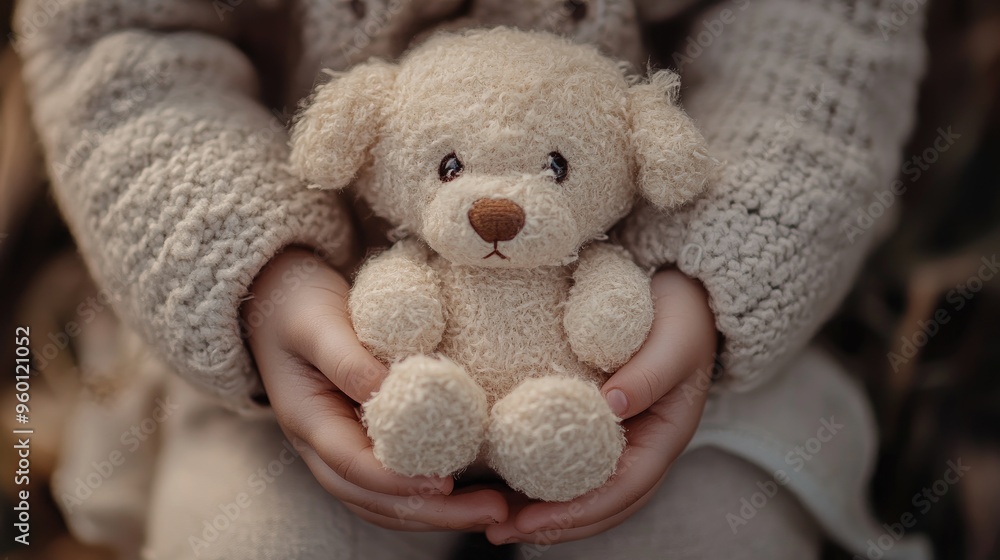 A child holds a soft, fluffy teddy bear in a cozy, natural setting. A child holds a soft, fluffy teddy bear in a cozy, natural setting.