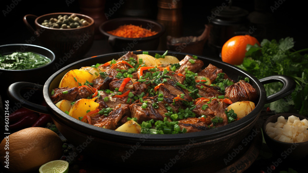 Veal Stew with Fork Knife and Condiments On Dark Black Blurry Background Veal Stew with Fork Knife and Condiments On Dark Black Blurry Background
