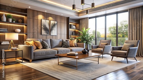 Modern living room interior with stylish furniture pieces, including a plush sofa, sleek chairs, and a minimalist