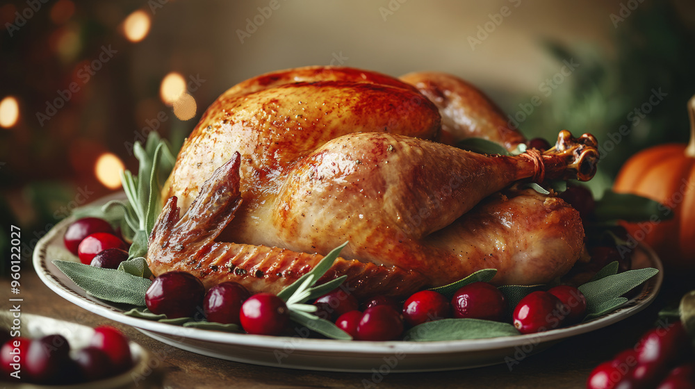 Close-up of Roasted turkey garnished with fresh cranberries and sage on a plate. Thanksgiving dinner with festive decorations in the background. Holiday meal and celebration concept. Close-up of Roasted turkey garnished with fresh cranberries and sage on a plate. Thanksgiving dinner with festive decorations in the background. Holiday meal and celebration concept.