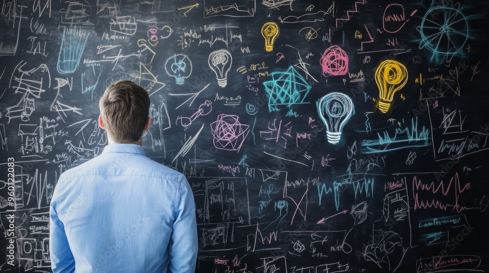 A man examines intricate chalk drawings on a blackboard with various sketches, lightbulbs, and graphs, illustrating the complexity of problem-solving and idea generation. A man examines intricate chalk drawings on a blackboard with various sketches, lightbulbs, and graphs, illustrating the complexity of problem-solving and idea generation.