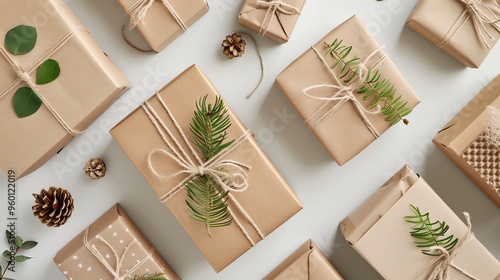 A flat lay of gifts wrapped in brown paper with twine and green sprigs.