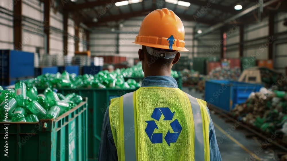 A worker wearing a hard hat and high-visibility vest stands in a warehouse filled with green plastic bottles, emphasizing the importance of recycling and environmental care. A worker wearing a hard hat and high-visibility vest stands in a warehouse filled with green plastic bottles, emphasizing the importance of recycling and environmental care.
