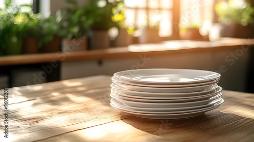 Stacks of white ceramic plates, bright natural lighting, wooden table surface, kitchen or restaurant setting, shallow depth of field, soft bokeh background, clean and minimalist.