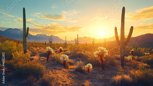 Sonoran desert at dawn, bright morning sunlight, saguaro cacti silhouettes, clear sky with soft clouds, golden hour glow, cholla cacti in foreground, mountain range in background.