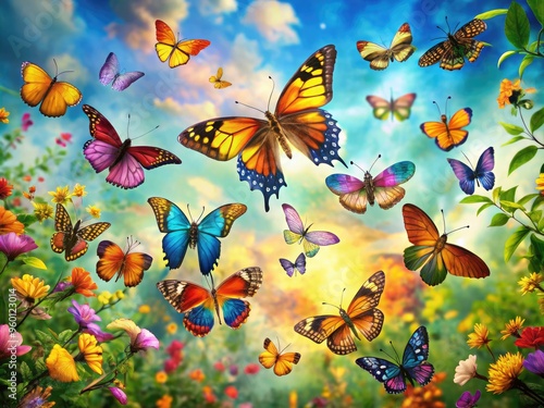 Vibrant Butterflies Flutter And Soar Gracefully In A Vibrant And Colorful Outdoor Environment.