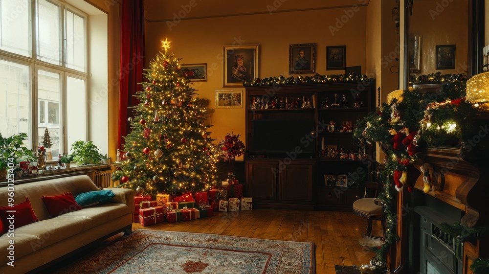 Cozy Polish living room decorated for Christmas Eve with a beautifully lit Christmas tree, presents, and traditional holiday decor creating a warm and festive atmosphere. Cozy Polish living room decorated for Christmas Eve with a beautifully lit Christmas tree, presents, and traditional holiday decor creating a warm and festive atmosphere.