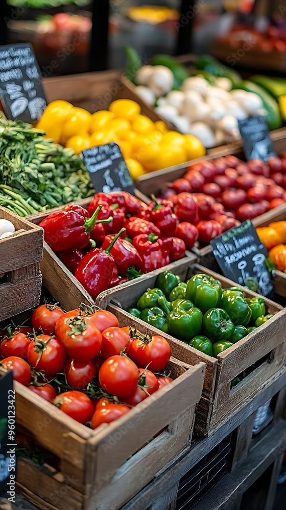 Fresh Green Peppers, Red Peppers, and Tomatoes Photo - Farmers Market Produce Display Fresh Green Peppers, Red Peppers, and Tomatoes Photo - Farmers Market Produce Display