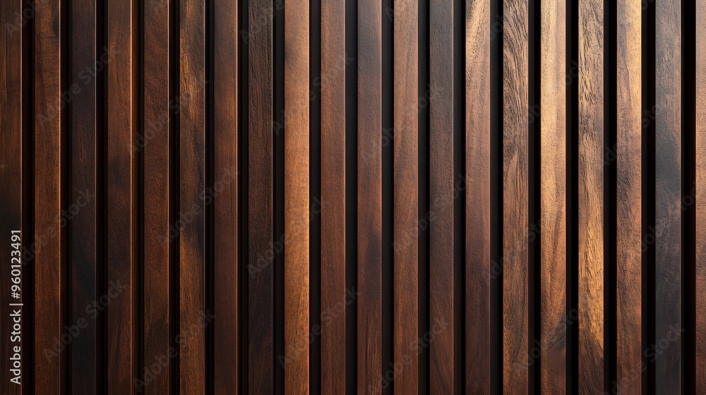 Walnut wood slat wall, vertical timber battens, rich brown tones ...