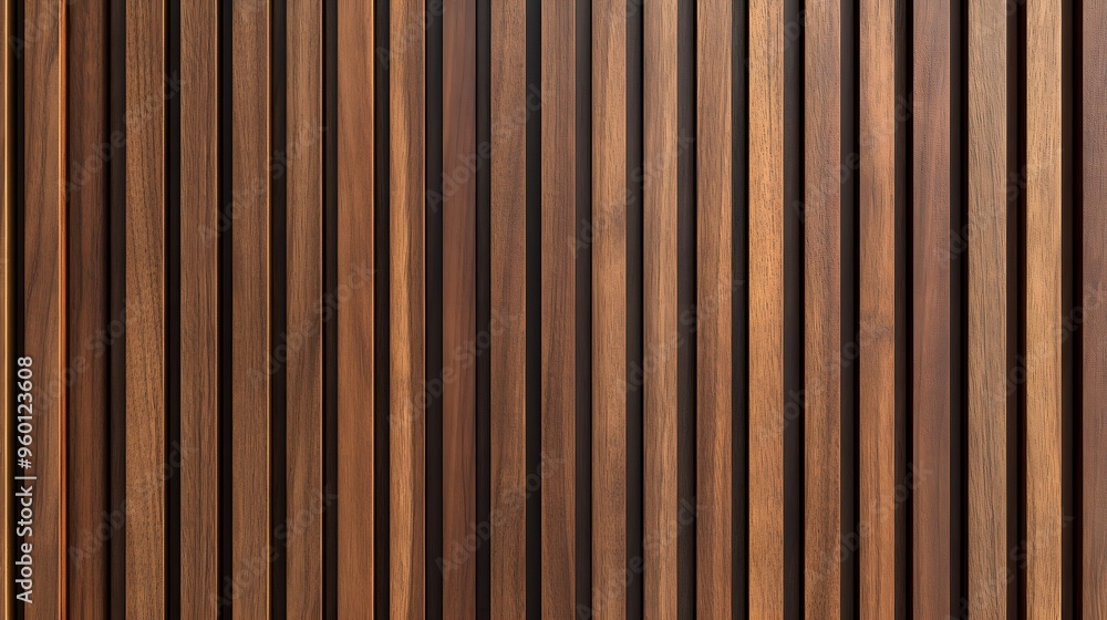 Naklejka premium Walnut wood slat wall, vertical timber battens, rich brown tones, architectural detail, geometric pattern, parallel lines, textured surface, warm wood grain, modern interior design.