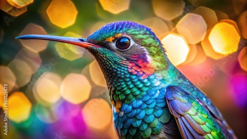 Vibrant close-up of a hummingbird's iridescent feathers, intricate wing patterns, and delicate beak, set against a soft, blurred natural background with subtle bokeh effect. photo