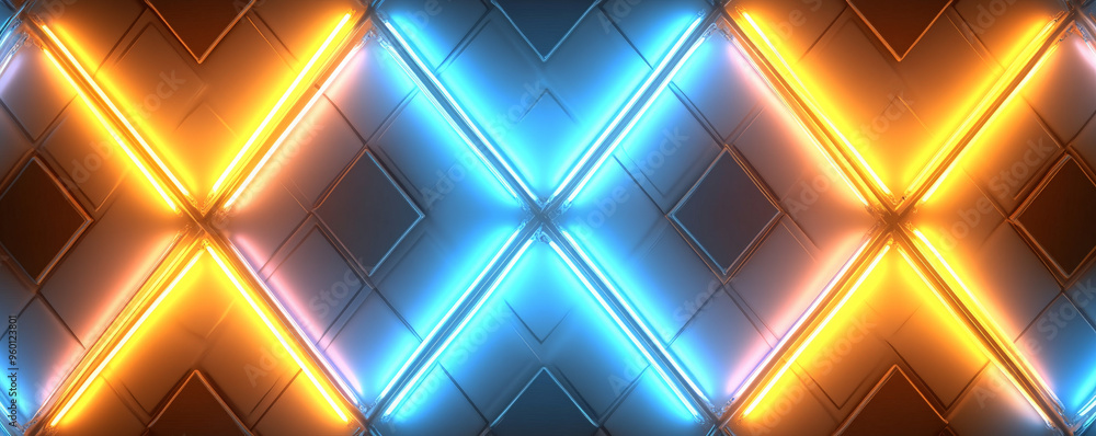 A neon lighting background with glowing yellow and blue tubes arranged in a repeating diamond pattern, creating a dynamic and eye-catching effect. A neon lighting background with glowing yellow and blue tubes arranged in a repeating diamond pattern, creating a dynamic and eye-catching effect.