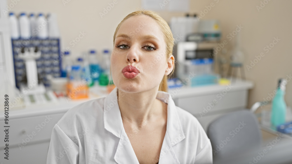 Fototapeta premium A young blonde woman in a white lab coat puckers her lips for a kiss in a bright laboratory setting.