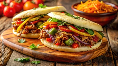 Vibrant Close-Up Of Traditional Venezuelan Arepa Flatbread Stuffed With Shredded Meat, Vegetables, And Sauce photo