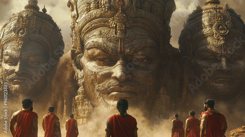 Warriors in red robes standing before massive stone faces of Ravana, symbolizing the ten-headed demon king from Hindu mythology. Lord Rama observing the statues. Ramayana epic and mythological battle  photo