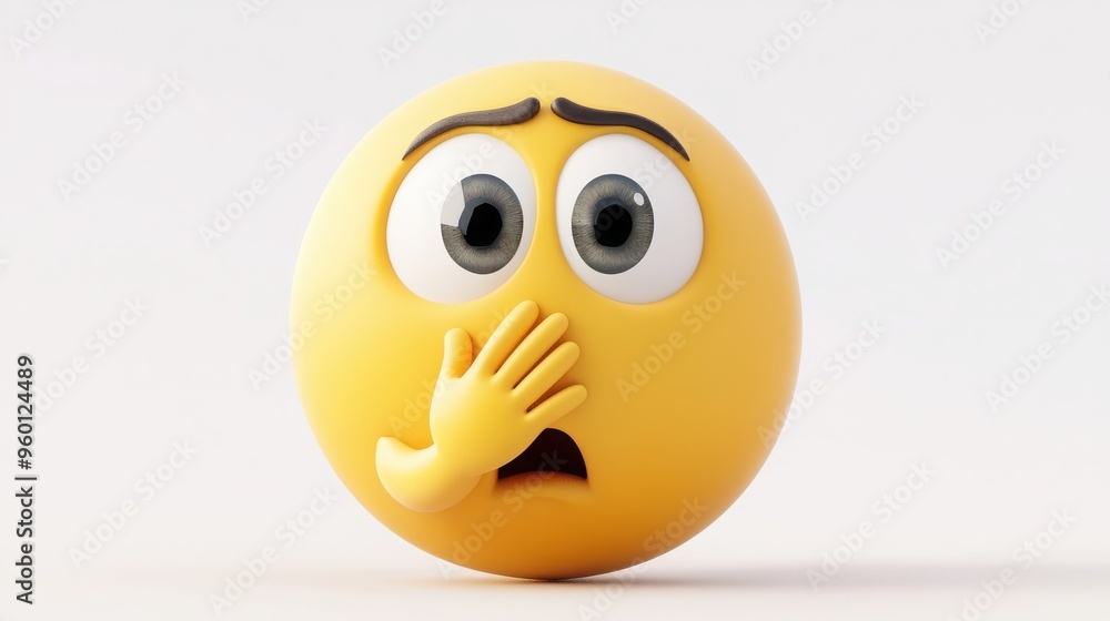 Fototapeta premium A 3D cartoon emoji with a shocked expression, wide eyes, and a hand covering its mouth, showing surprise or disbelief, on a white background