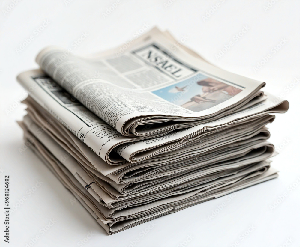Stack of folded newspapers sitting on white background Stack of folded newspapers sitting on white background