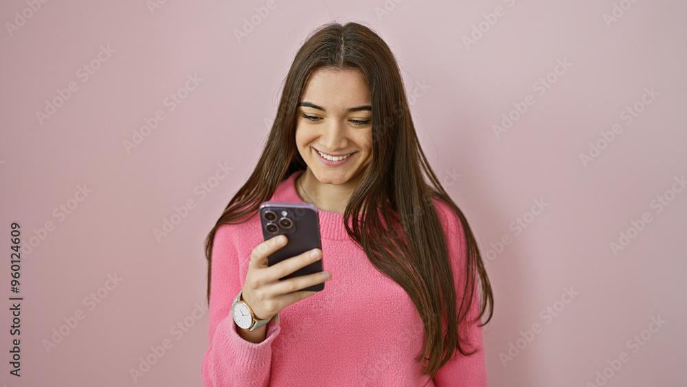 Smiling young hispanic woman using smartphone against a pink isolated background, portraying a modern teen's lifestyle. Smiling young hispanic woman using smartphone against a pink isolated background, portraying a modern teen's lifestyle.