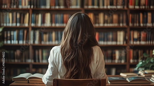 Woman in white shirt sitting at library table, back view, long brown hair, surrounded by bookshelves, warm lighting, cozy atmosphere, focus on reader, blurred book spines in background.