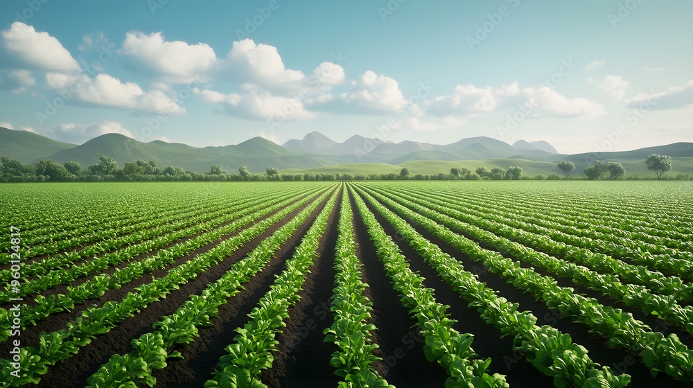 A field of green plants with a mountain in the background. The field is full of plants and the sky is clear A field of green plants with a mountain in the background. The field is full of plants and the sky is clear