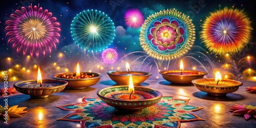 Vibrant colorful diyas, candles, and lanterns illuminate a festive background, adorned with intricate rangoli designs, as explosions of fireworks light up the night sky. photo