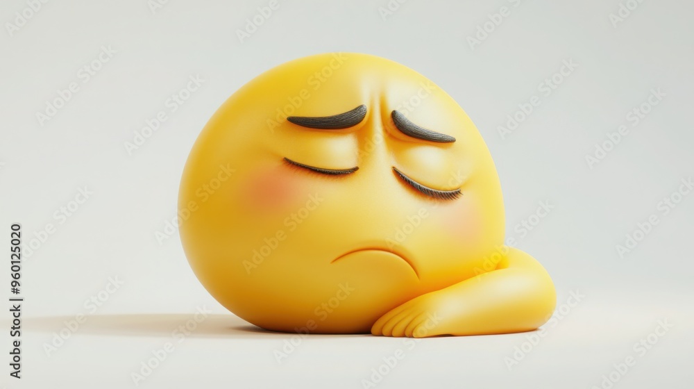 A 3D cartoon emoji with a sleepy expression, eyes half-closed and mouth slightly open, showing tiredness, on a white background A 3D cartoon emoji with a sleepy expression, eyes half-closed and mouth slightly open, showing tiredness, on a white background