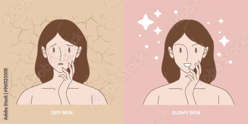 Face of woman with skin problem compare with healthy skin. Girl touching dry skin and glowy skin by hand. Cracked background isolated. Hand drawn flat cartoon character vector illustration.