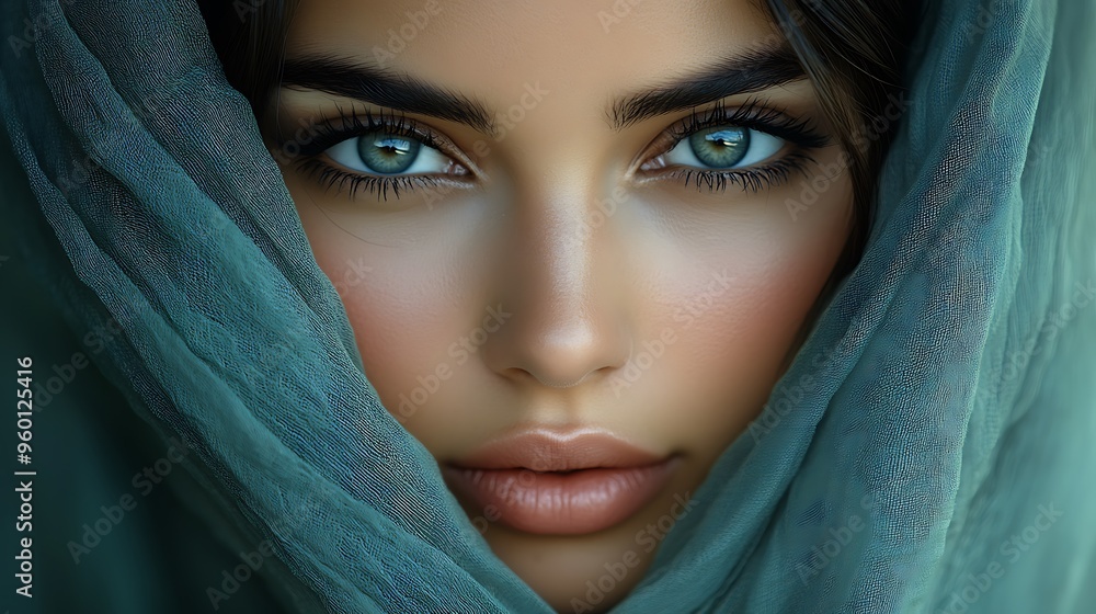 Close-up portrait of a beautiful woman with blue eyes and a green scarf. Close-up portrait of a beautiful woman with blue eyes and a green scarf.