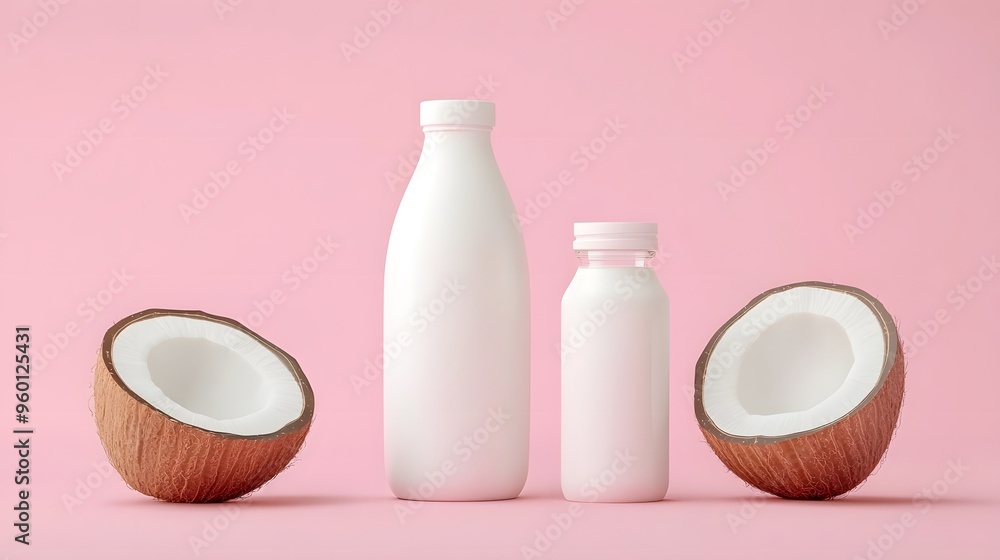 Two bottles of milk and a coconut on a green background. The coconut is cut in half and placed on the table Two bottles of milk and a coconut on a green background. The coconut is cut in half and placed on the table