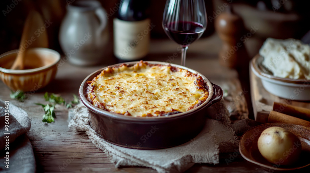 Rustic lasagna next to a standing wine glass. AI generative. Rustic lasagna next to a standing wine glass. AI generative.