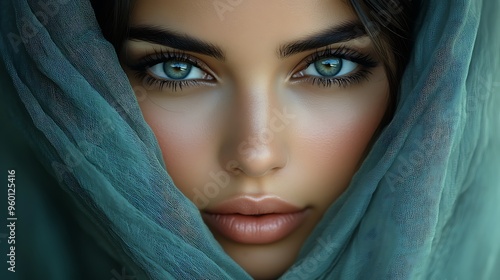 Close-up portrait of a beautiful woman with blue eyes and a green scarf.