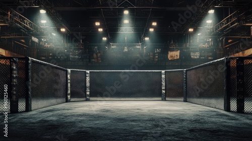 A silent MMA arena with an empty cage, void of crowd and fighters, showcasing the peaceful atmosphere before the action. photo