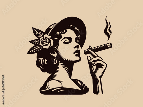Cuba vintage retro emblem: Beautiful young Cuban woman smokes a cigar. Engraving black and white vector illustration, print