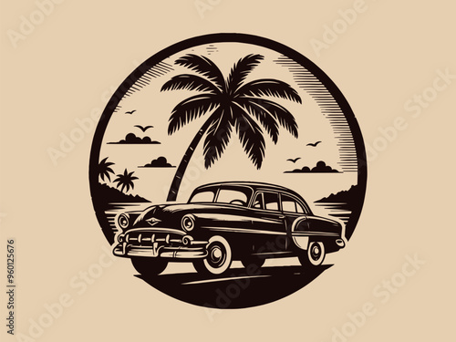 Cuba vintage retro emblem: Old beautiful car. sea ​​and palm trees. Engraving black and white vector illustration, print