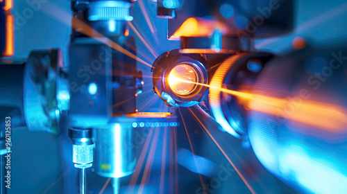 Close-up view of advanced scientific equipment with laser beams emitting bright orange light, highlighting the precision and technology involved in the setup. photo