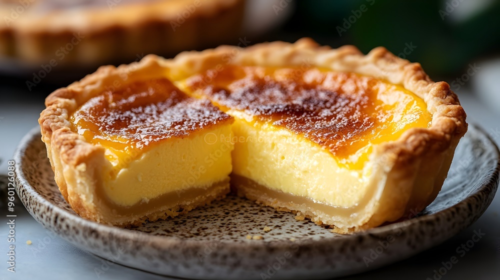 Close up of Crispy Egg Tart Crust Breaking Apart with Flaky Texture and Custard Filling Close up of Crispy Egg Tart Crust Breaking Apart with Flaky Texture and Custard Filling