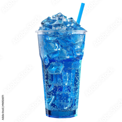 Blue cocktail in a glass with ice and a straw