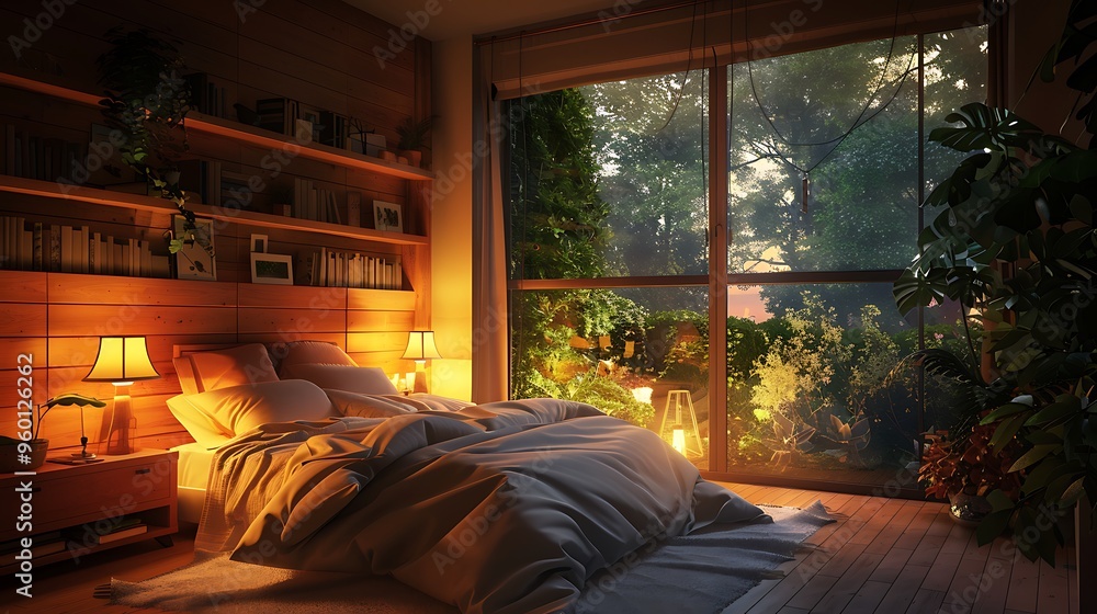 Cozy bedroom with smart technology and soft lighting for relaxation.
Cozy bedroom with smart technology and soft lighting for relaxation.
