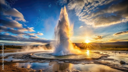 Erupting Strokkur geyser in Iceland, shooting hot water and steam into the air, geothermal, dynamic, wonder, Iceland