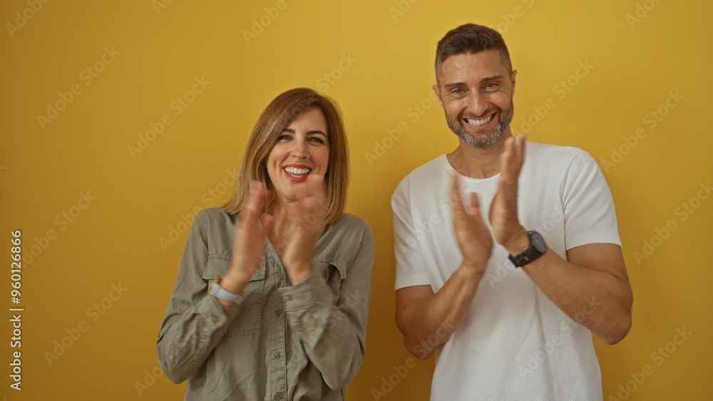 Man and woman smiling and clapping together against a yellow background, exuding happiness and togetherness in a vibrant setting Man and woman smiling and clapping together against a yellow background, exuding happiness and togetherness in a vibrant setting