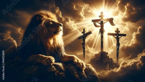 Lion of Judah Reigning Over Calvary’s Three Wooden Crosses. A Cinematic Depiction of Crucifixion, Resurrection, and Life. Jesus Christ, Son of God, as Majestic Lion in Uplifting Art