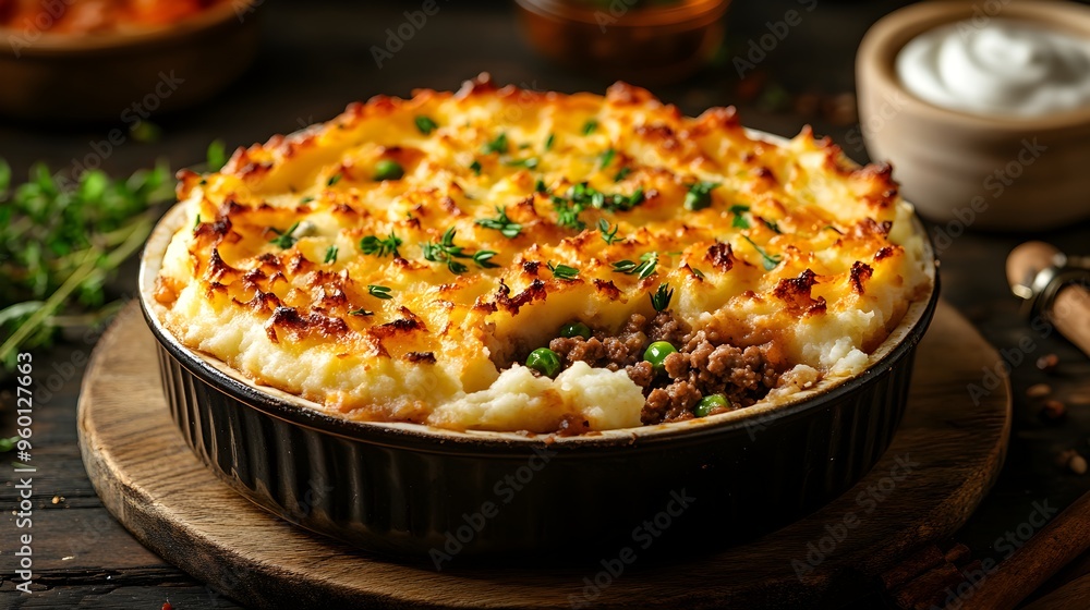 Hearty Shepherds Pie with Golden Mashed Potato Topping on Wooden Table
