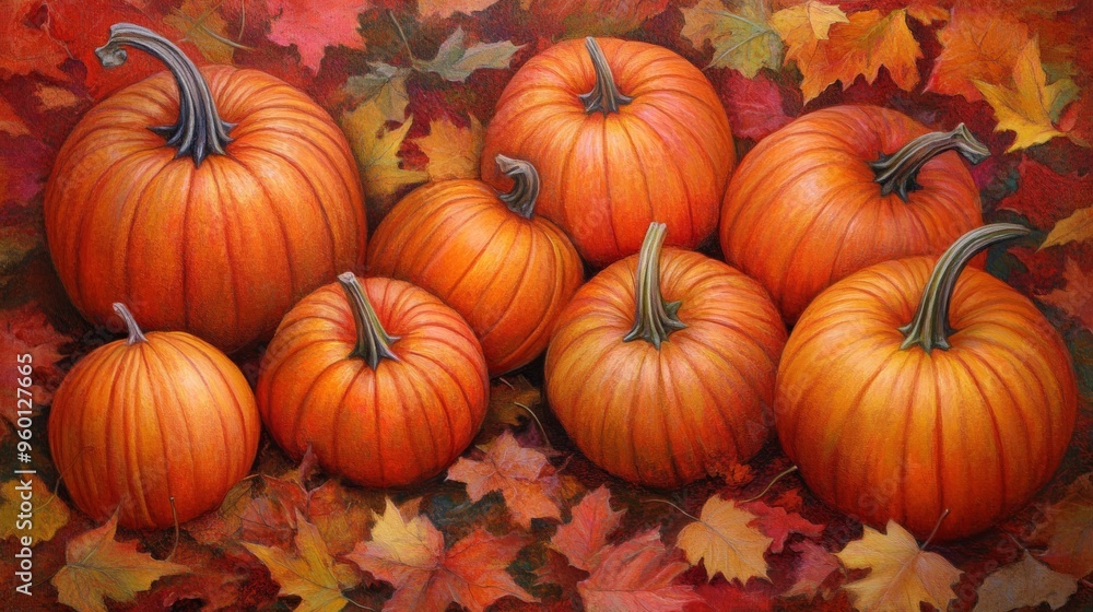 A delightful autumn scene featuring an array of pumpkins placed on a bed of colorful fall leaves. The pumpkins are in different sizes and shades of orange, set against a backdrop of rich autumn A delightful autumn scene featuring an array of pumpkins placed on a bed of colorful fall leaves. The pumpkins are in different sizes and shades of orange, set against a backdrop of rich autumn