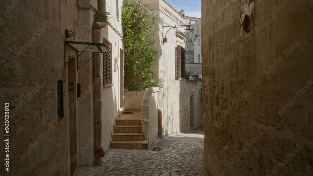 Narrow stone alley in matera, italy, showcasing rustic architecture with plants in an outdoor urban setting. Narrow stone alley in matera, italy, showcasing rustic architecture with plants in an outdoor urban setting.