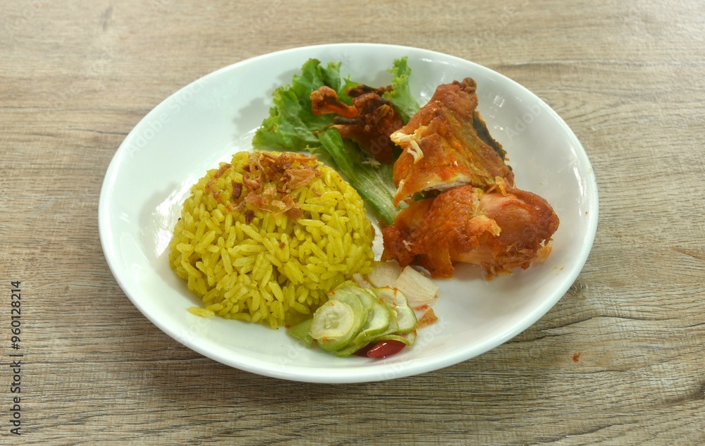 chop fried chicken and biryani rice cooked with curry on plate dipping sweet chili sauce chop fried chicken and biryani rice cooked with curry on plate dipping sweet chili sauce