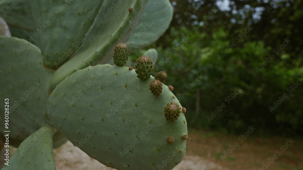 Close-up of an opuntia ficus-indica cactus in an outdoor garden in puglia, southern italy, showcasing its small budding fruits on the green paddles. Close-up of an opuntia ficus-indica cactus in an outdoor garden in puglia, southern italy, showcasing its small budding fruits on the green paddles.