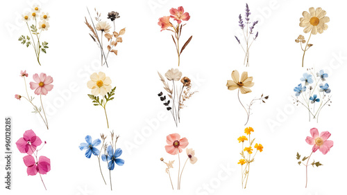 PNG pressed flower element set, transparent background