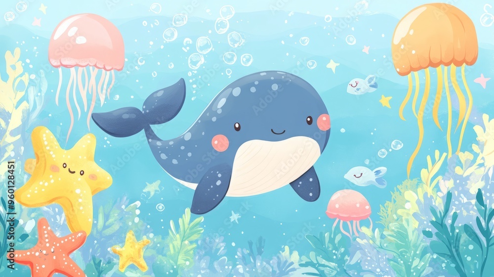 Obraz premium Cute whale swimming in the ocean with jellyfish and starfish.