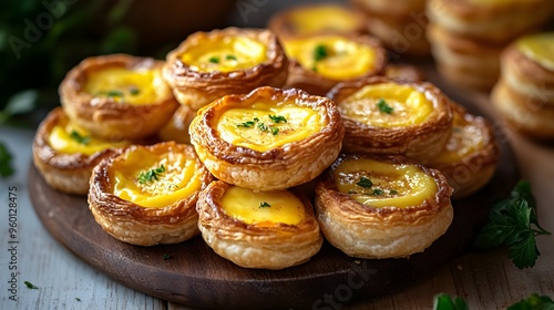 Wallpaper Mural Stack of Delectable Mini Egg Tarts on a Wooden Serving Board with Fresh Garnish Torontodigital.ca