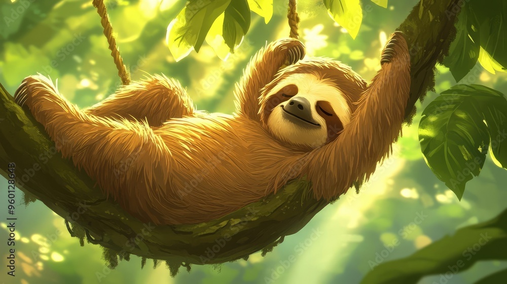 A cartoon-style illustration of a sloth hanging lazily from a tree branch, with a sleepy expression on its face A cartoon-style illustration of a sloth hanging lazily from a tree branch, with a sleepy expression on its face